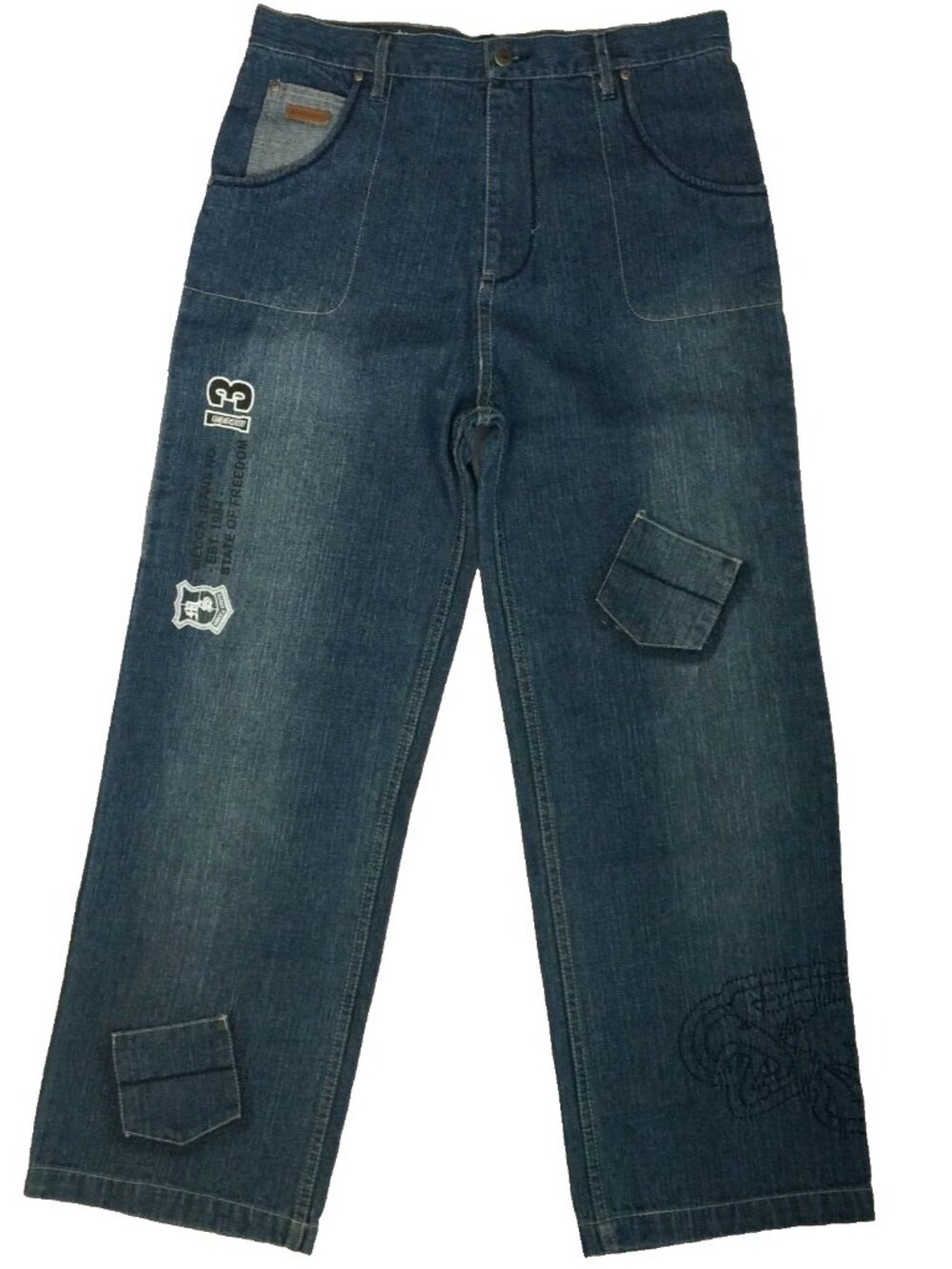 VINTAGE MECCA WIDE LEG EMBROIDERED PATCHED DENIM BLUE JEANS BOYS 18H 33"x28.5"